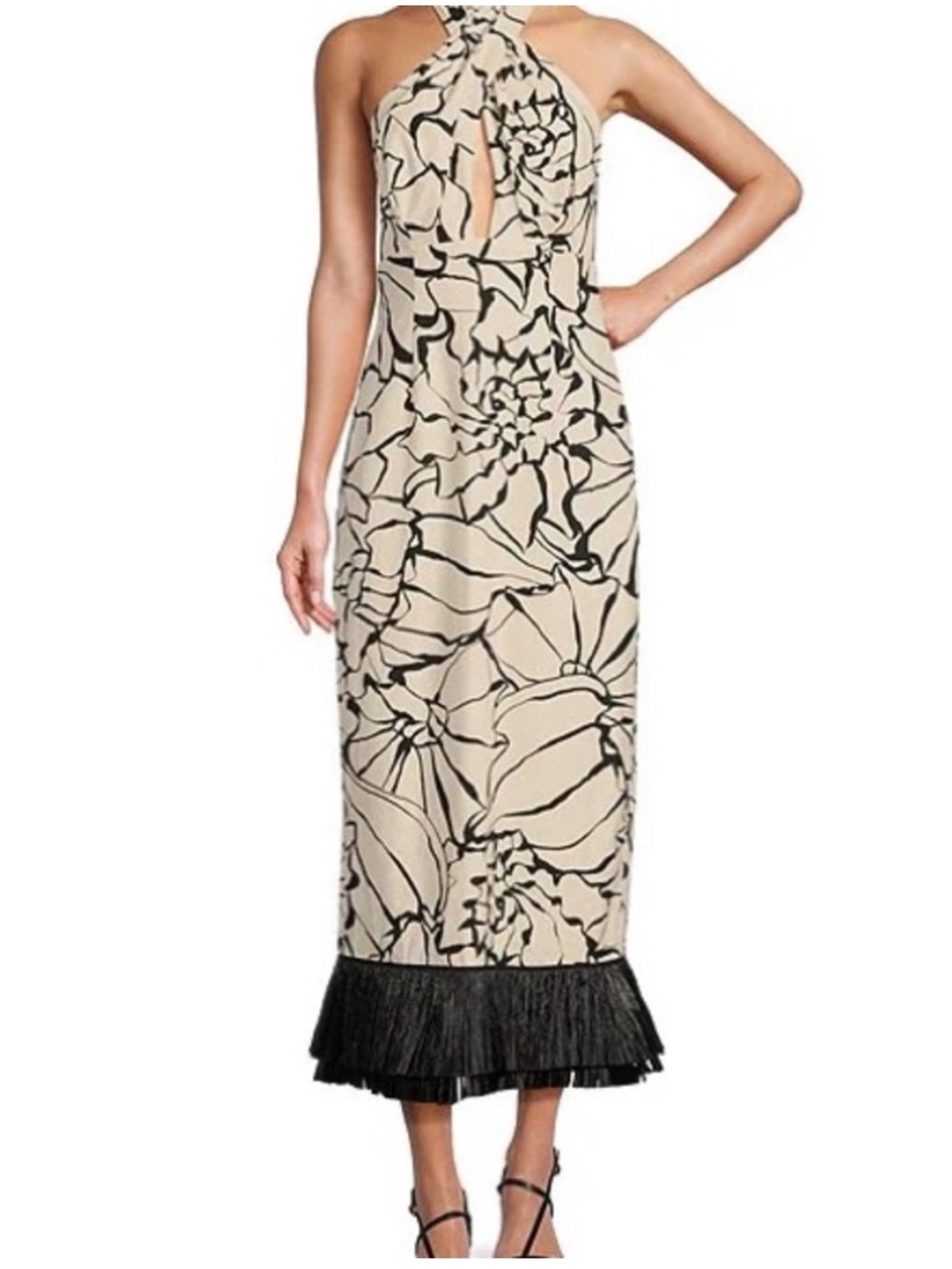 ANTONIO MELANI X M.G.
Style Black/Cream Halter
Midi Dress w/ raffia Fringe sz 6